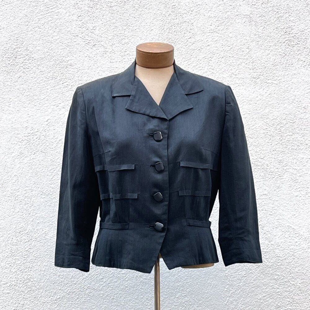 Vintage Women's 50s Semmes Creations Black Cropped Peplum Jacket Blazer Medium